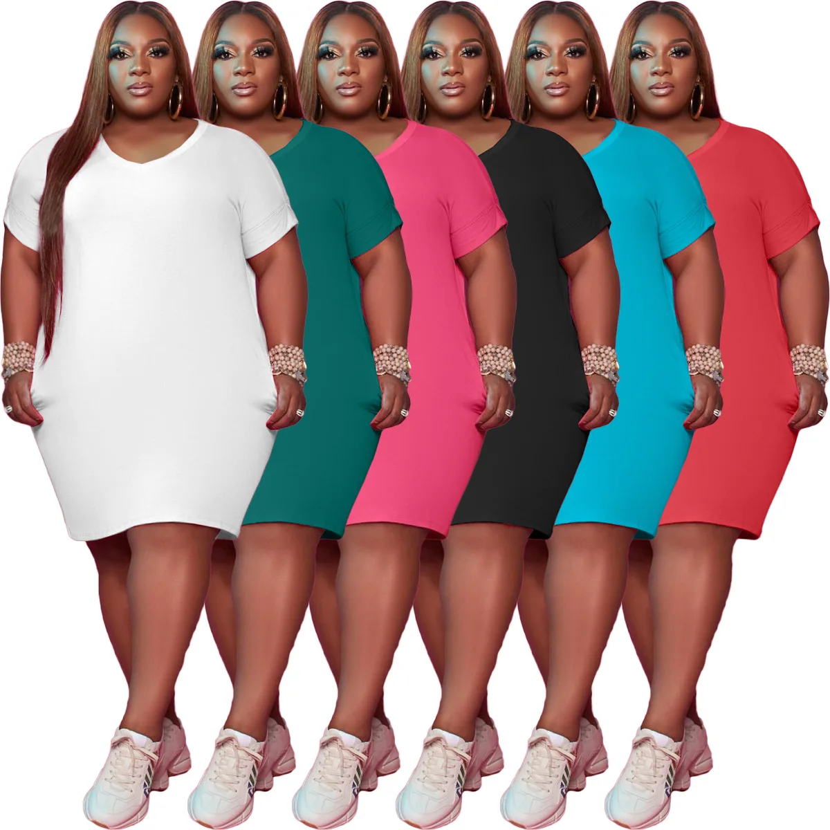 

Knee Length Womens Plus Size Holiday Dresses Summer Casual Side Pockets Dress V Neck Short Sleeve Plus Size Dress, White, pink, red, green, light blue, black