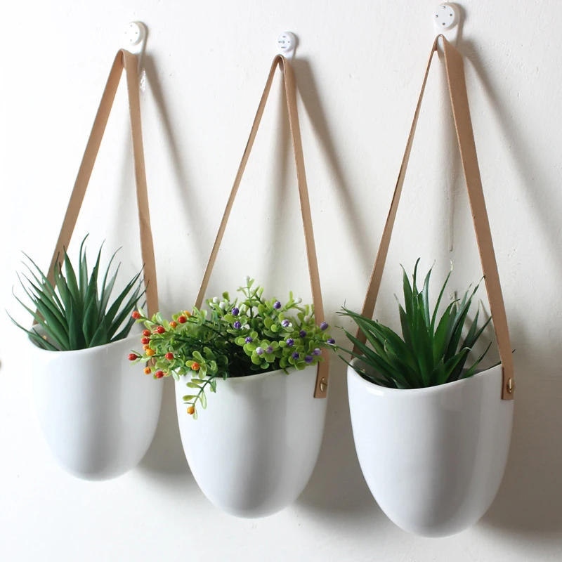 

Set of 3 Ceramic Planters Succulent Air Plants Flower Pots with Leather Strap Hanging Wall Decoration Flowerpot