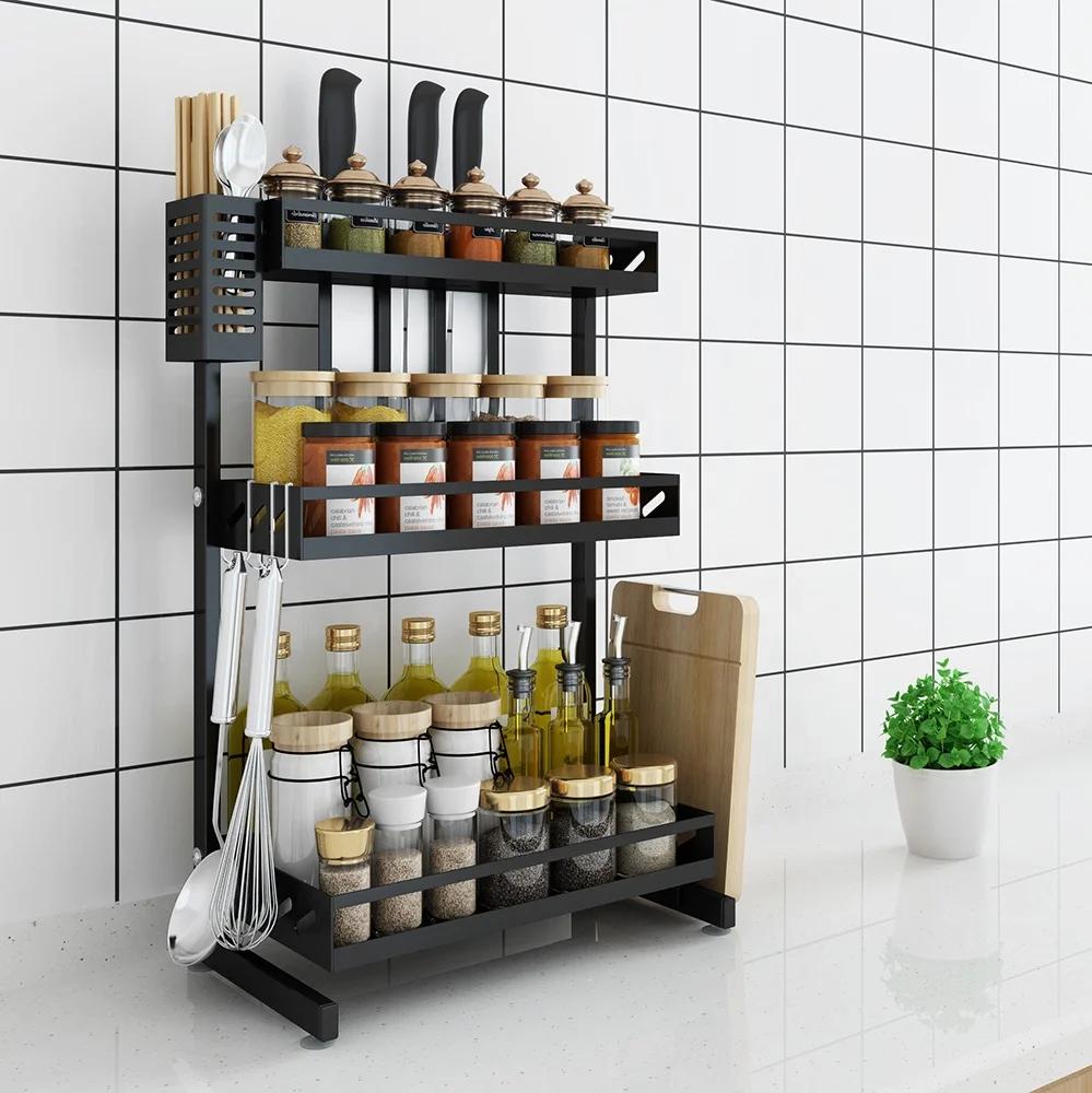 

Multifunction Stainless steel desktop kitchen storage rack black three-layer spice wall shelf seasoning rack