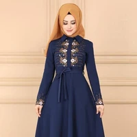 

New Style Muslim Women High Waist Chest Embroidered Lace Long Sleeve Long Abaya Dress