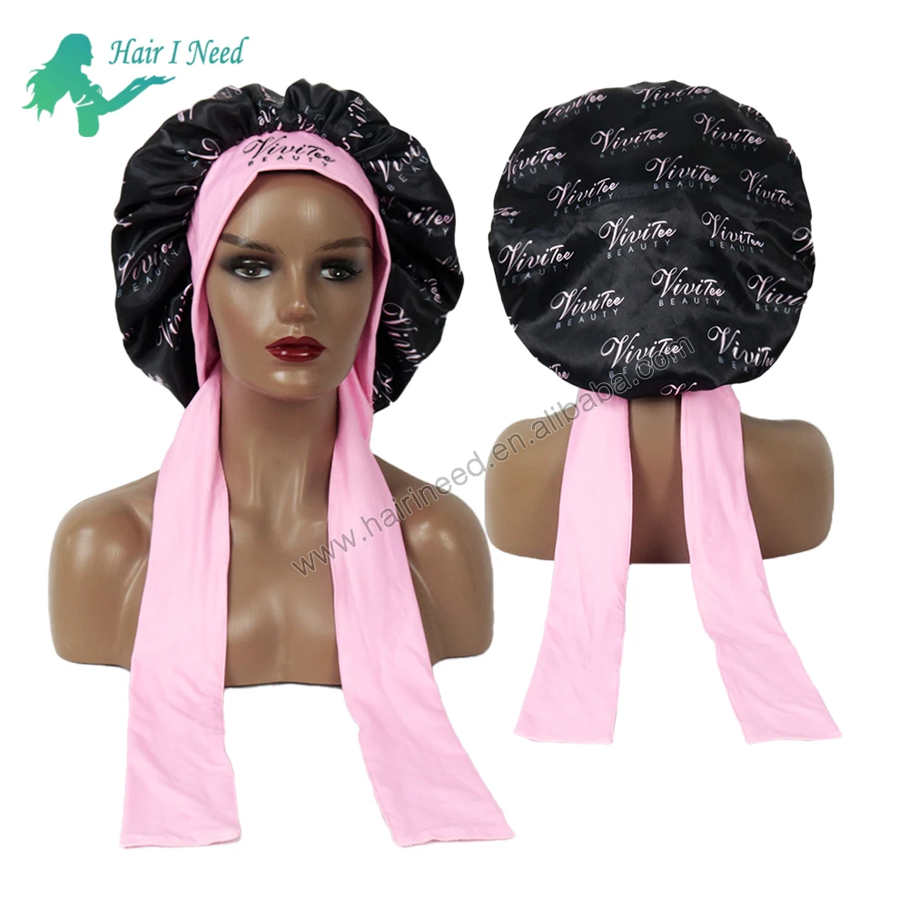 

custom logo double layer bonnet with edge control wrap tie extra large soft silk bling bonnet