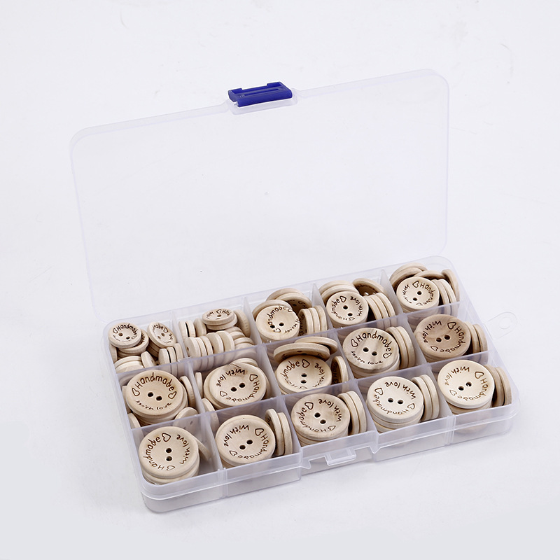 

New Handmade 2 Holes Wooden Buttons with Storage Box 3 Size Decorative Buttons for Clothing Sewing Accessories, Natural color