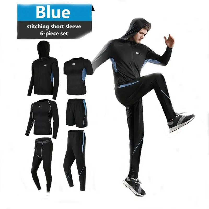 

Men's sportswear running fitness suit stitching short-sleeved suit six-piece set custom logo mens exercise workout clothes, 4 colors