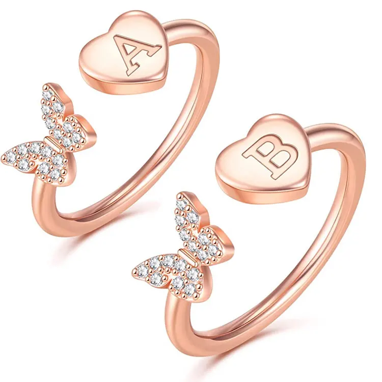 

SC Hot Selling Adjustable Zircon Butterfly Rings Rose Gold Plated Love Heart Letter Rings Stackable Initial Rings for Women