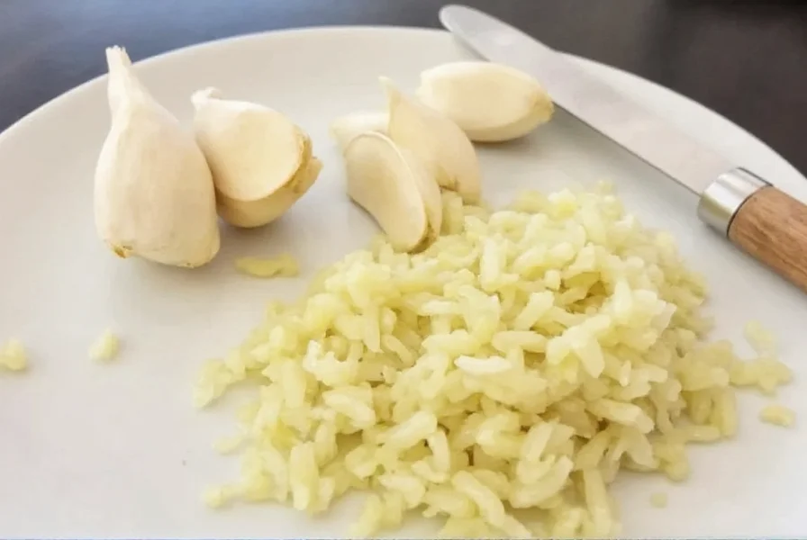 Visual comparison of whole garlic cloves next to their minced equivalents