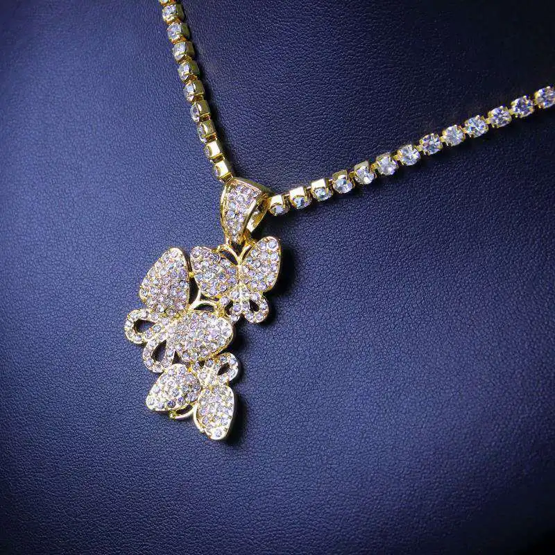 

New Fashion Full Diamond Link Chain Three Butterfly Necklace Insect Pendant Necklace Jewelry, As picture