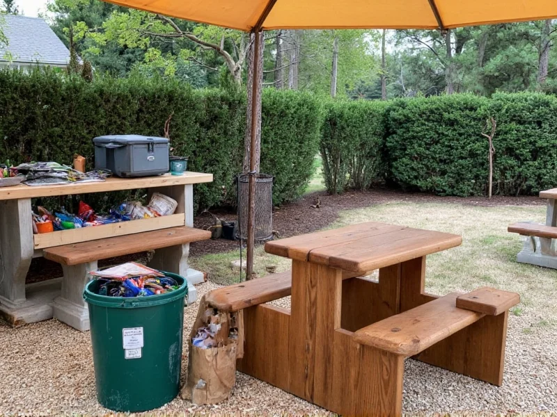 Organized outdoor craft station with shaded table and recycled material bins