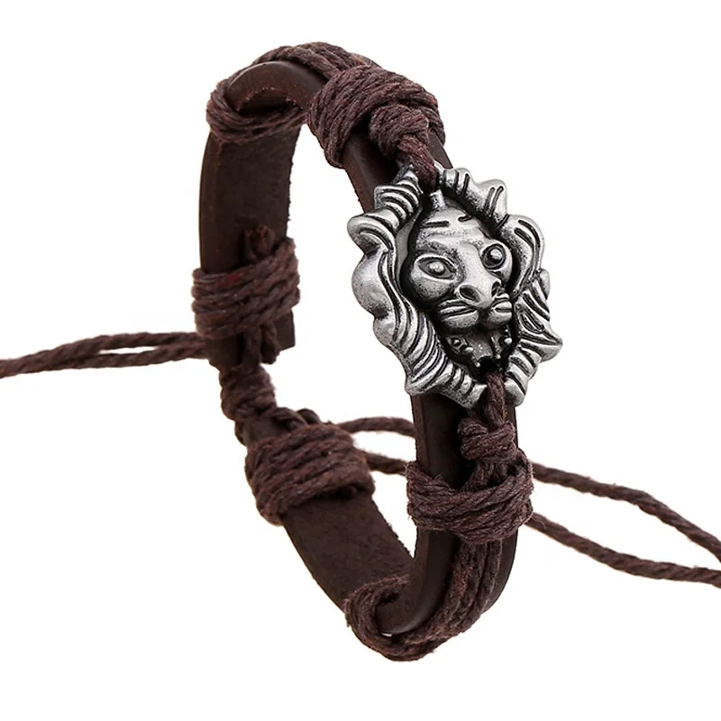 

PUSHI new lion bracelet vintage mens leather bracelet adjustable cord bracelet, Champagne