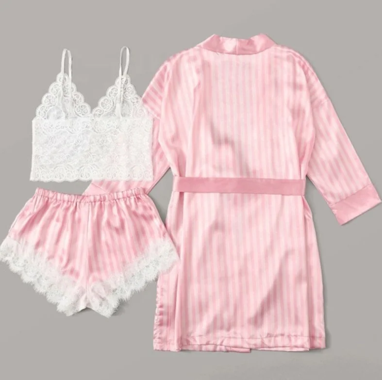 

New Style High Quality Silk Nightwear 3 Piece Satin Lace Pyjamas Woman Fashion Sleepwear