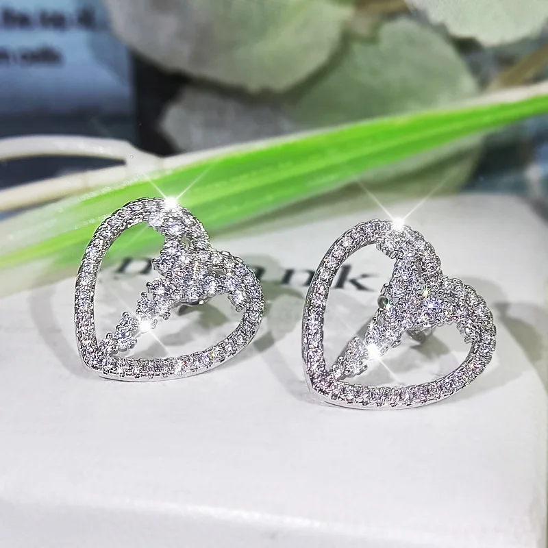 

New Zircon Love Heart Shape Necklace Ring Earring Three-piece Fashion Wedding Bridal Jewelry Jewelry Set, Picture shows