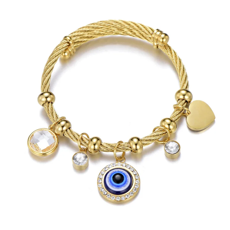

European Adjustable Turkey Blue Eye Evil Eye Bracelet Crystal Stainless Steel Twist Bangle Charm Bracelet Fashion Jewelry, Gold