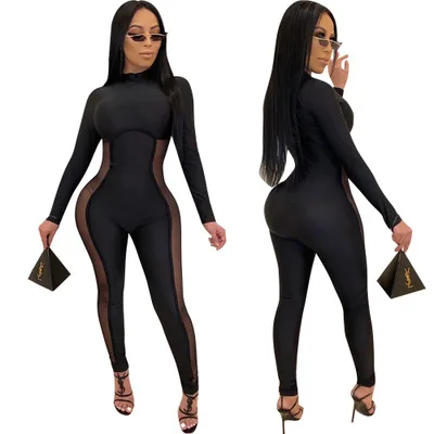 

Mesh Patchwork Jumpsuit Women Party clothing black see through Rompers Women Jumpsuit