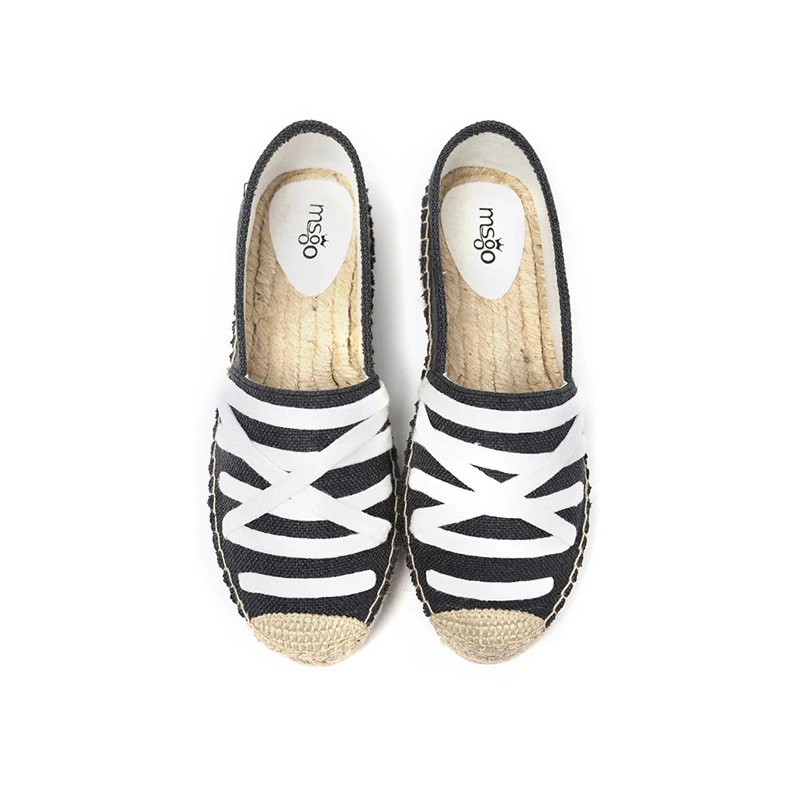 

2020 the women fahion basic popular canvas fabric lace up low height wedge round espadrilles flat shoes, Black/white