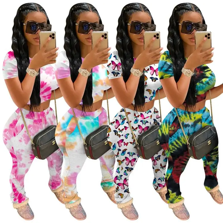 

M10355 fashion clothing for women 2020 Tie-dye butterfly two-piece suit short sleeve trousers sports suit