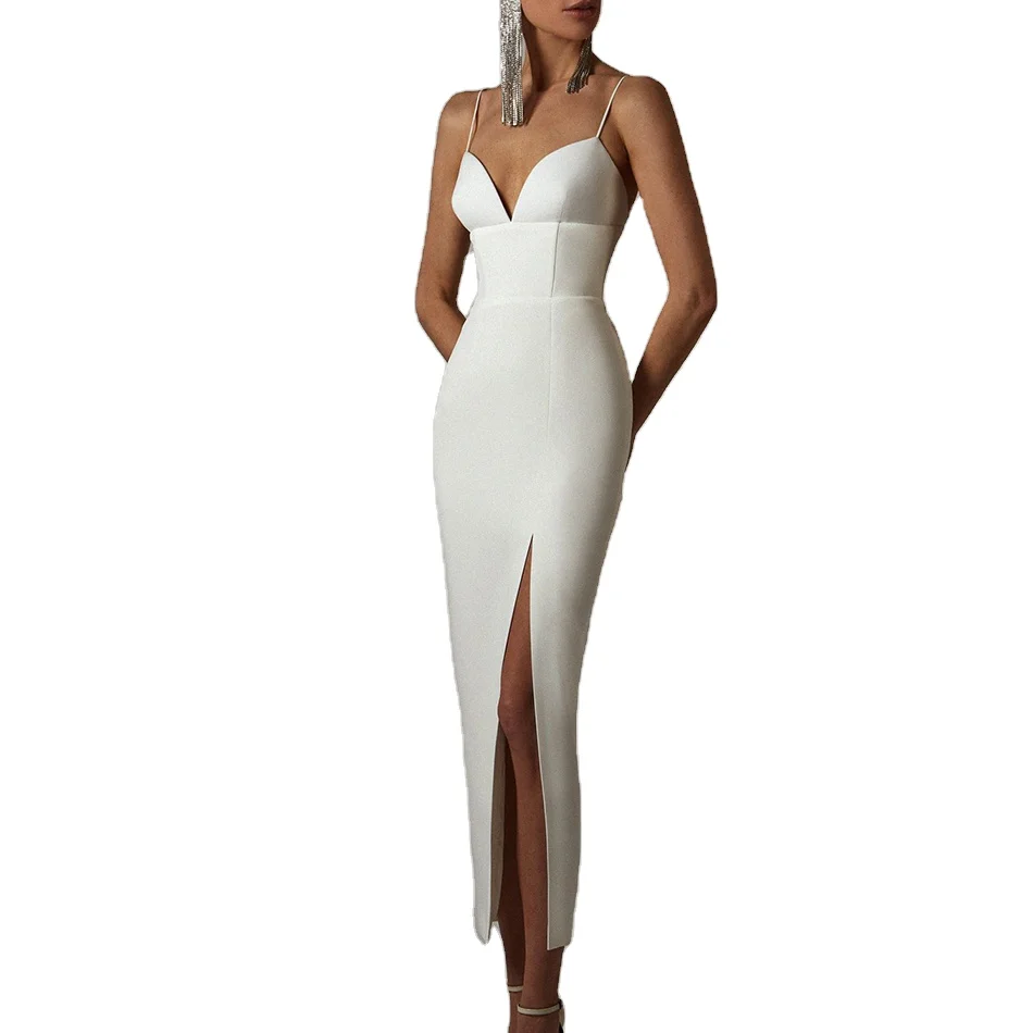 

Factory Outlet 2020 New Summer White Tight Bandage Sexy V-neck Spaghetti Strap Club Celebrity Party Party Evening Dress, Picture