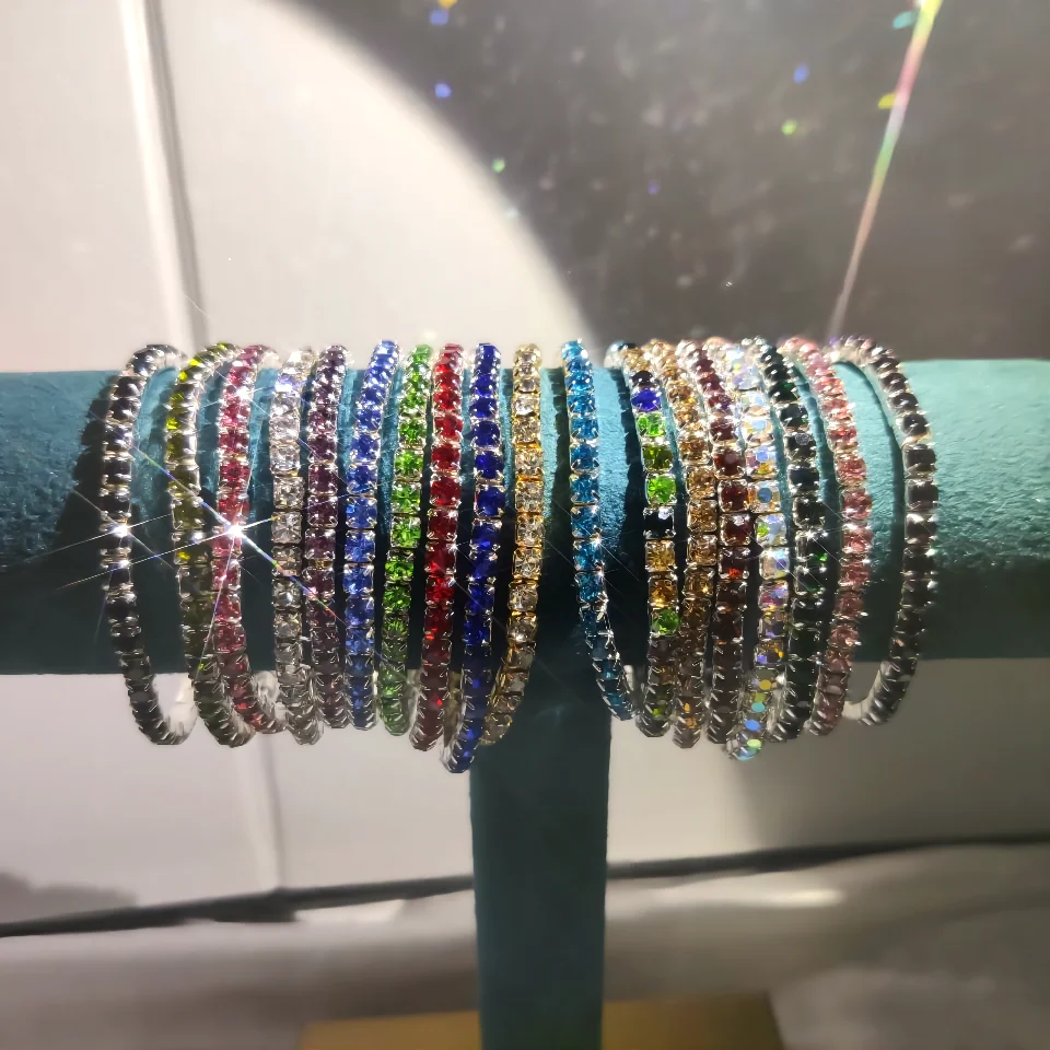 

Sparkling Silver Plated Single Row 3.5mm Rhinestone Elastic Bracelet Multi Colors Tennis Crystal Stretch Bracelet for women