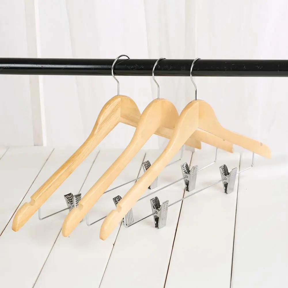 

High Quality Custom Wooden Pants Hanger With Clips For Pants And Clothes Hangers, Natural