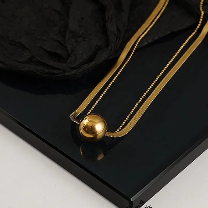 

Classic PVD Gold Plated Titanium Steel Ball Herringbone Bead Chain Necklace Double Layer Hollow Ball Choker Necklace Women