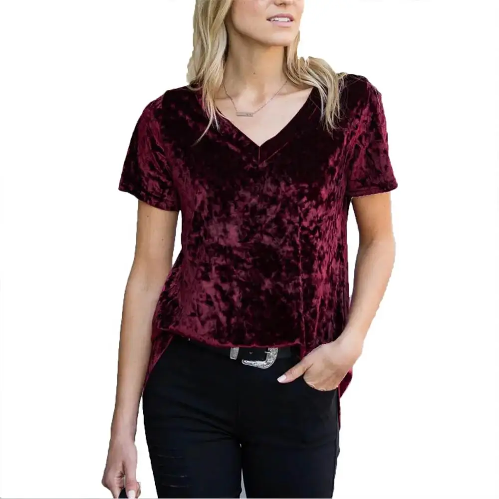 

2020 Plus Size V-Neck Short Sleeve Loose Straight Pleuche Women T-Shirt