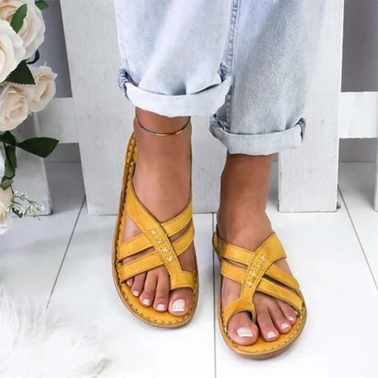 

Summer 2021 New Cross Strap Flip Flops Women's Leather Sandals Ladies Casual Open Toe Slippers Solid Color, 4 colors