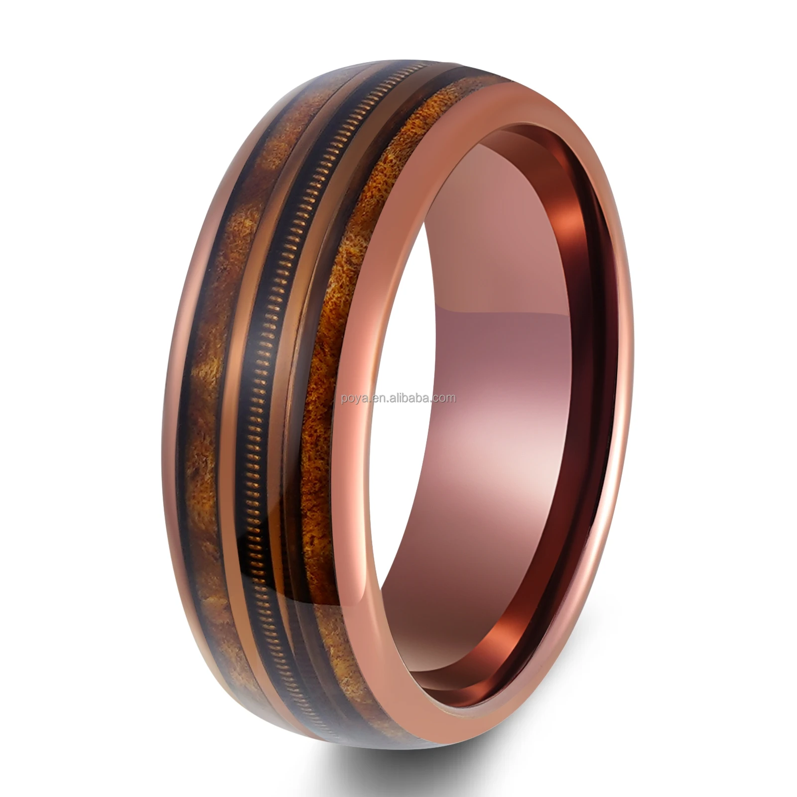 POYA 8mm Tungsten Carbide Wedding Band Ring with Whiskey Barrel Wood Antler Inlay Classic Dome Guitar String Engagement Gift