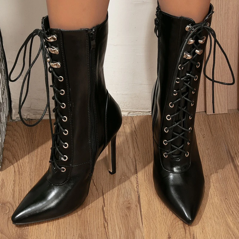 

Size 35-43 New Fashion Women Office Boots T- tied Lace-up Shoes Winter Ankle Boot Ladies Cool Club Zipper Footwear