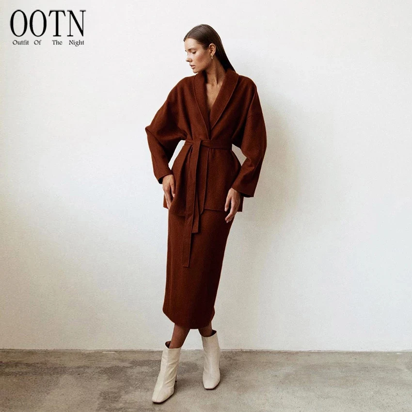 OOTN Fall Winter 2020 Solid Casual Office Ladies Wrap Suit Lace-Up Woolen Elegant Woman Jackets Basic Long Sleeve Blazer