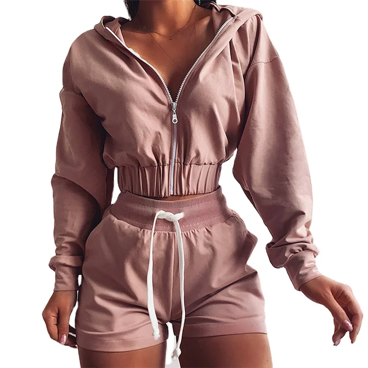 

Hot sale fitness outfits hip hop sweat suits long sleeve cropped zipper hoodie and shorts two piece sexy tracksuit set women, Customized color