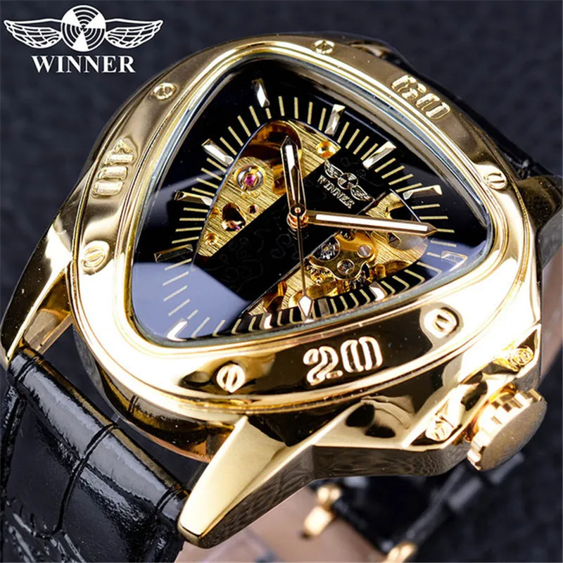 

Top Brand Luxury Winner Steampunk Fashion Triangle Golden Skeleton Movement Mysterious Men Automatic Mechanical Wrist Watch, 8colors