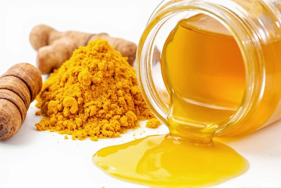 Turmeric honey mixture in a small jar with measuring spoons