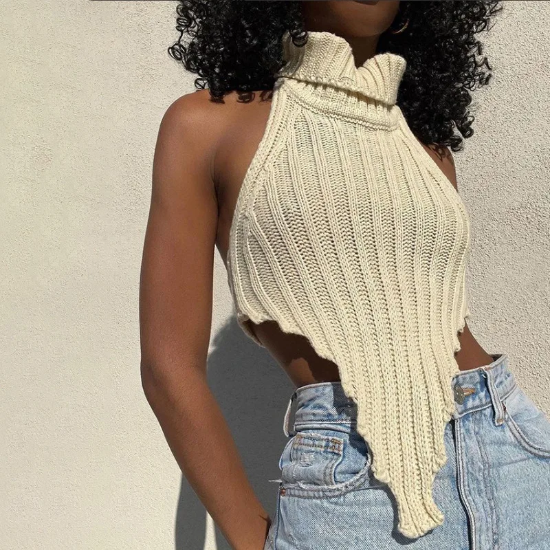 

Street shot stylish women sexy cropped backless irregular turtleneck knit tank top