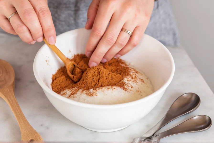 Close-up of hands mixing cinnamon and sugar in a white ceramic bowl with measuring spoons nearby