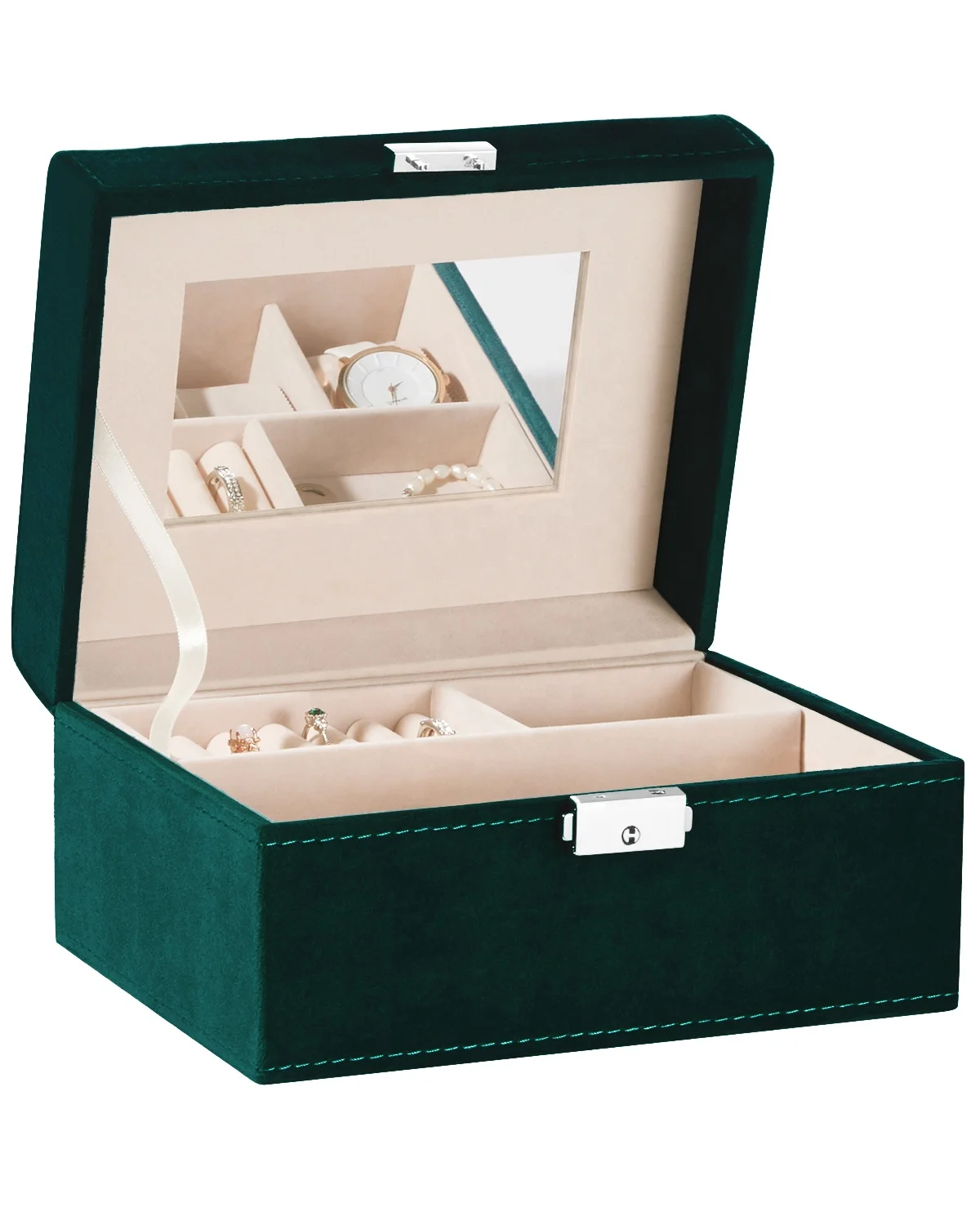 

Portable Elegant Velvet Jewelry Watch Earring Storage Box Ring Necklace Bracelet Holder Organizer, Green