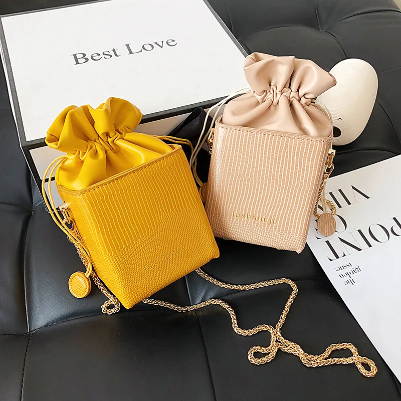 

2021 Trendy Drawsting Pu Leather Chain Bags Lady Sling Bag Square Mini Purses Crossbody Bag Small Box, Customizable