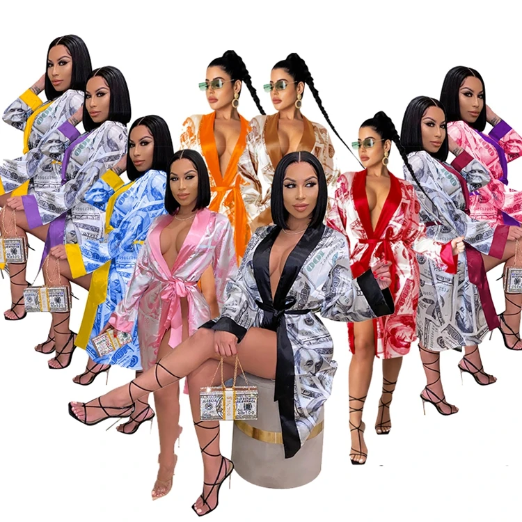 

Trendy Money Robes Women Luxury Bath Robes Sleepwear Ladies Satin Loungewear Bathwear Money Silk Robe