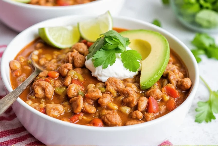 Finished chicken chili served in white bowl with toppings including avocado, cilantro, sour cream, and lime wedges