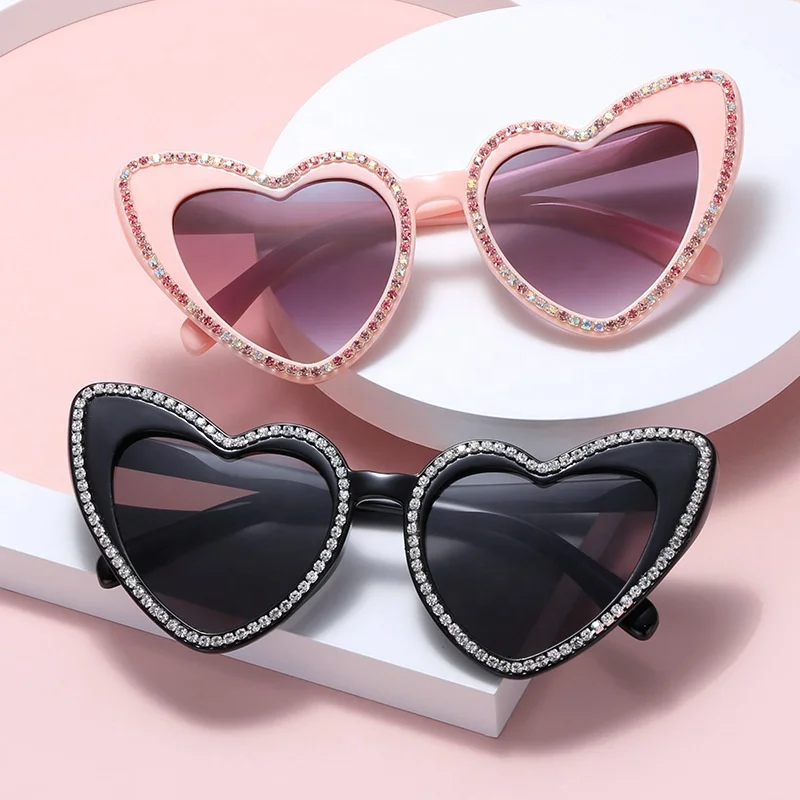 

VIFF HP21535 Wholesale Sweet Pink Sunglasses for Girls, Shiny Heart Shape Party Sunlgasses with Rhinestone