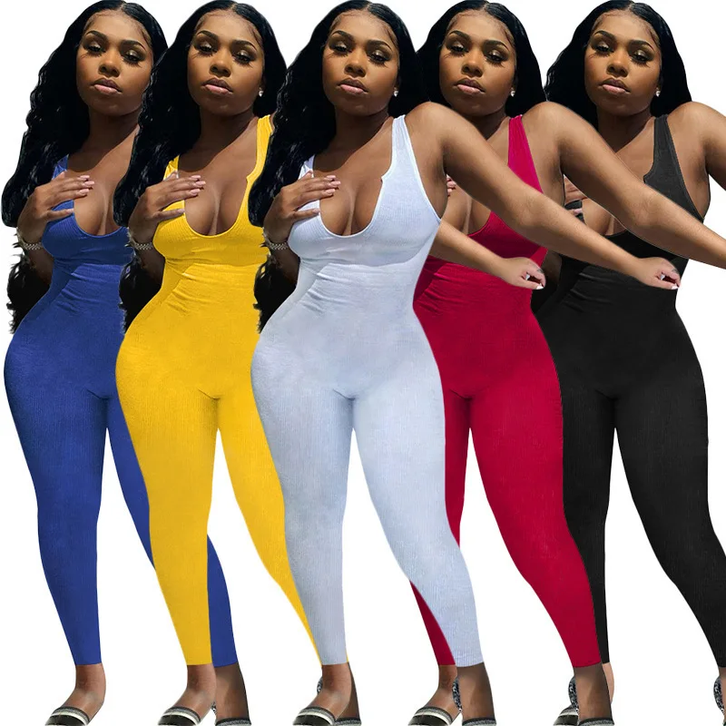 

plus size Rib knit v- neck 2021 Sexy Ladies Bodycon Rompers Sleeveless Nightclub Wear Summer Women One Piece Jumpsuit, Photo color