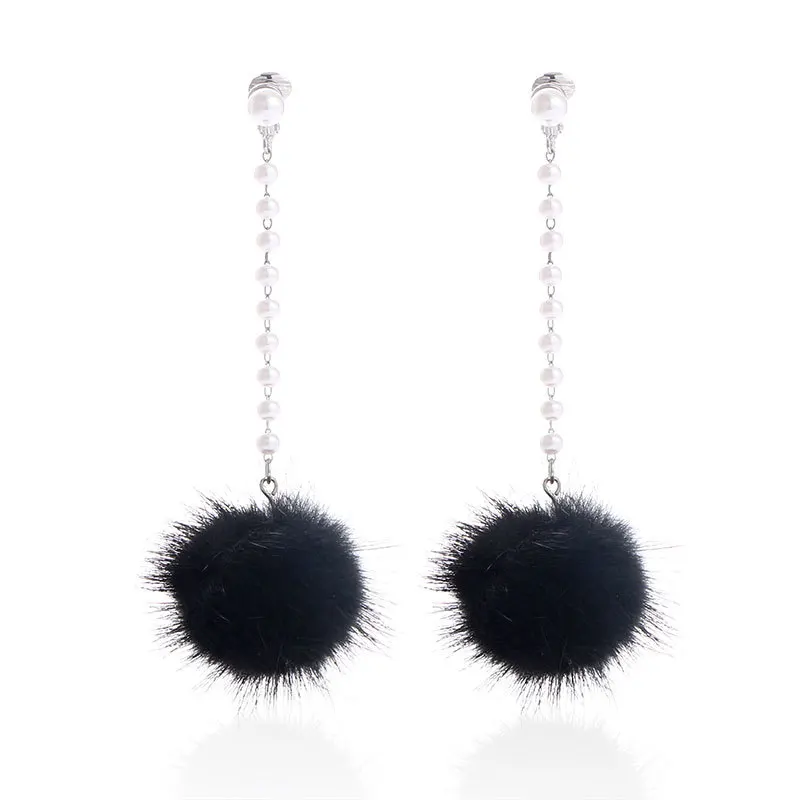 

2021 Luxury Style Autumn Winter Season Pearl Chain Ear Clip Ball Top Pom Pom Earrings, 5 colors