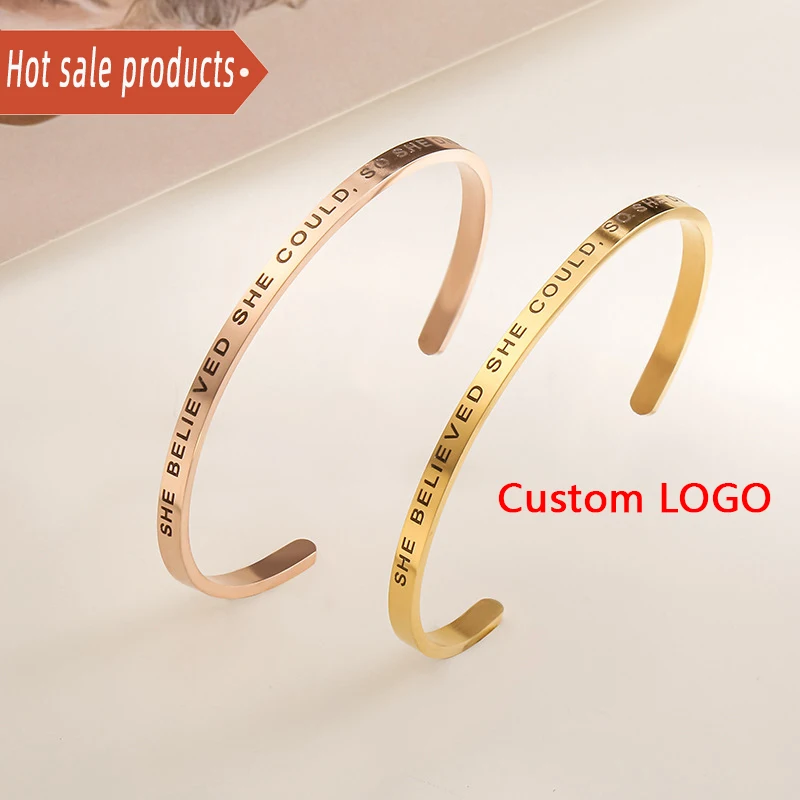 

18k Gold Plated Stainless Steel Engraved Custom logo Mantra Religious Cuff Bangle Personalized Gift Bracelet Jewelry