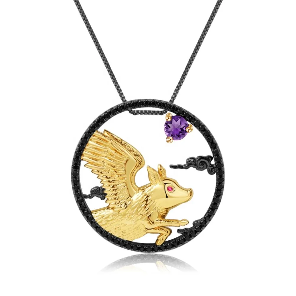 

Abiding Pig Zodiac Animal Natural Amethyst Gold Plated Jewelry 925 Sterling Silver Pendant Necklace