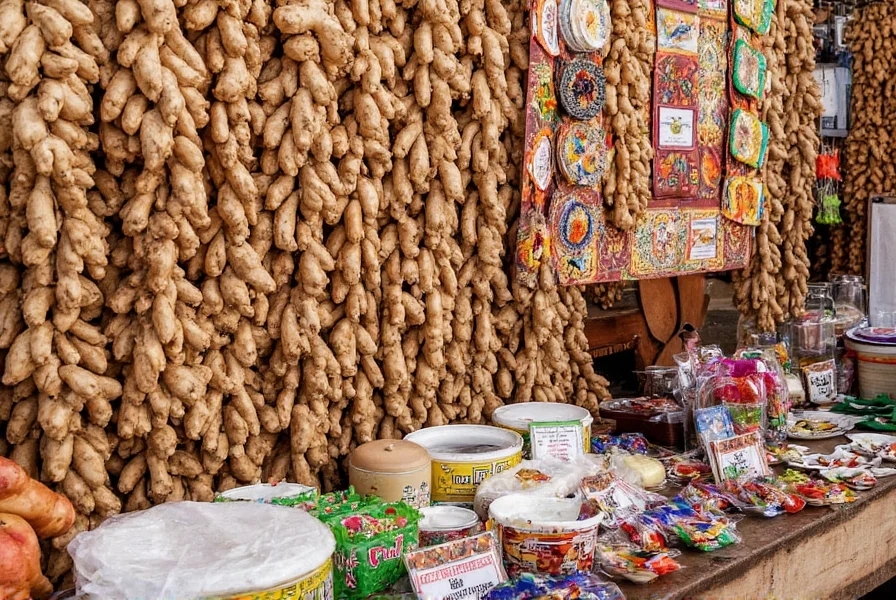 Vibrant Ginger Fest marketplace with colorful displays of fresh ginger roots, artisanal products, and cooking demonstrations