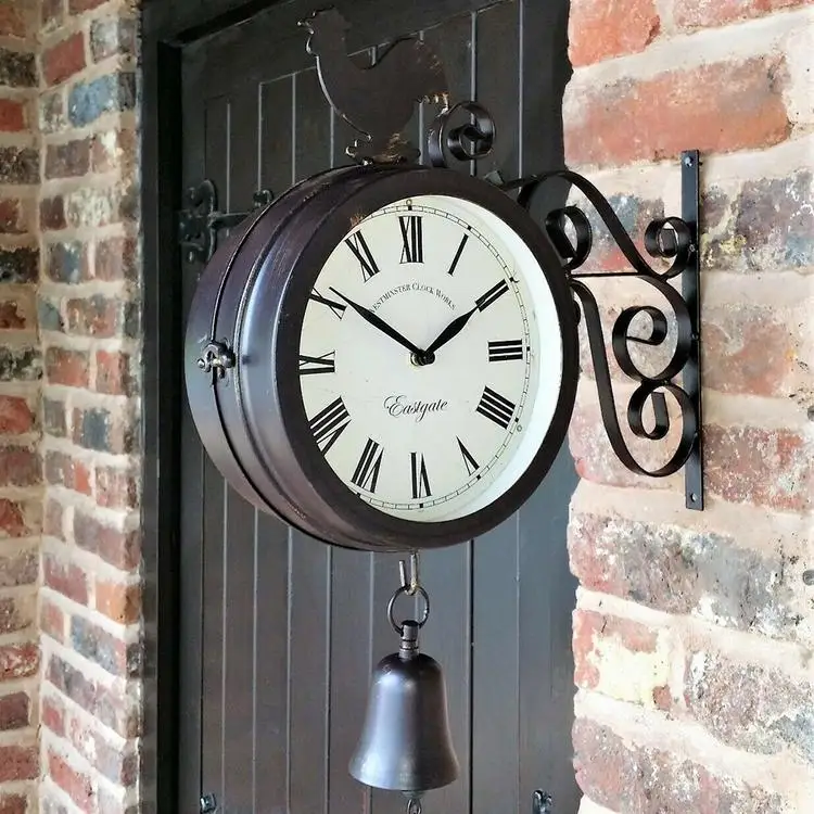 

Outdoor Wall Clock Hanging Retro Double Sided Metal Mount Vintage Clock with Cockerel Bell Shape Garden Coffee Bar Decoration