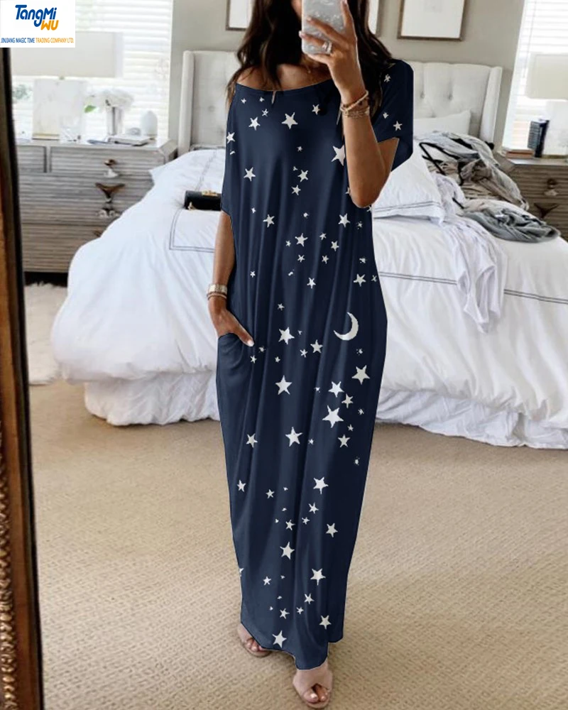 

wholesale Short Sleeve Stars Print Casual Dress white long dresses women lady elegant sexy