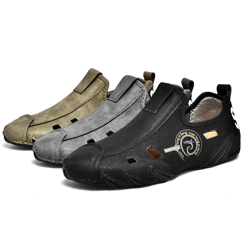 

Men Loafers Slip on Leather Shoes Casual Outdoor Walking Shoes, Black/khaki/grey