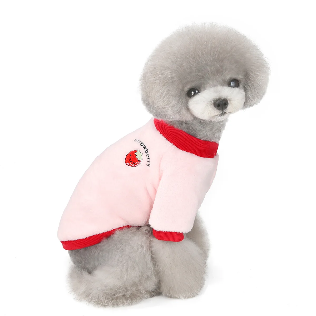 

New Arrival Winter Warm Puppy Clothes Happy 2 Legs Solid Color Embroidered Fruit Pattern Pet Fuzzy Jacket, Picture shows