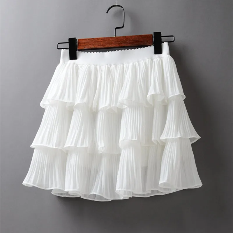 

2020 Summer Women Elasticity Waist Mini Chiffon Skirt Ladies Casual Cake Black White Femme Pleated Skirts