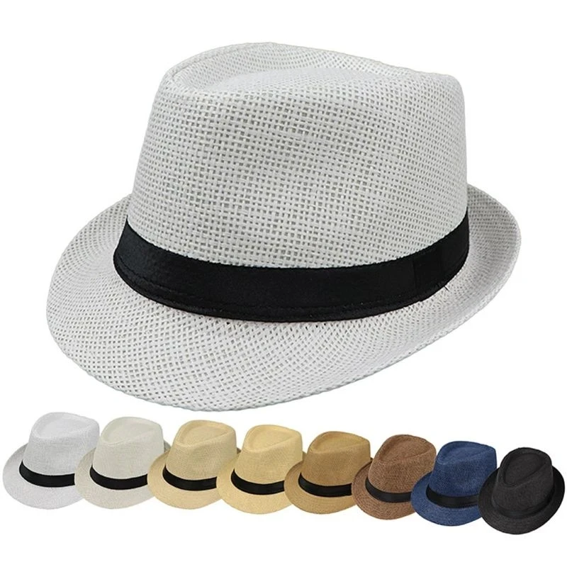 

Men Women Summer Beach Jazz Panama Trilby Fedora Straw Dress Hat Male Short Brim Beach Cap Sun Hat