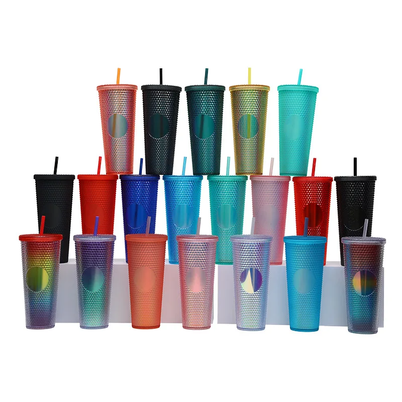 

24 oz Multi Colors Matte BPA Free Plastic Durian Cup Diamond Water Bottle Studded Tumbler Cup Drinking Bottle with straw