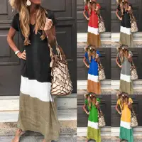 

Womens Gradient Color Block Maxi Dress, Patchwork V-neck Short Sleeve Fall Plus Size Loose Long Dress